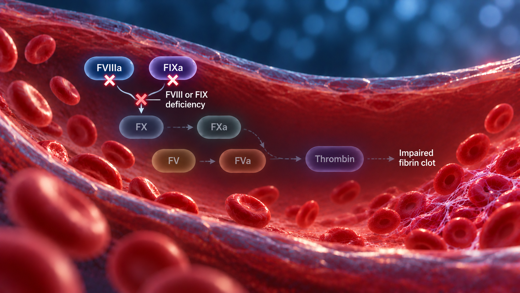 Hemophilia coagulation diagram showing FVIII or FIX deficiency, reduced downstream thrombin generation and impaired fibrin clot formation