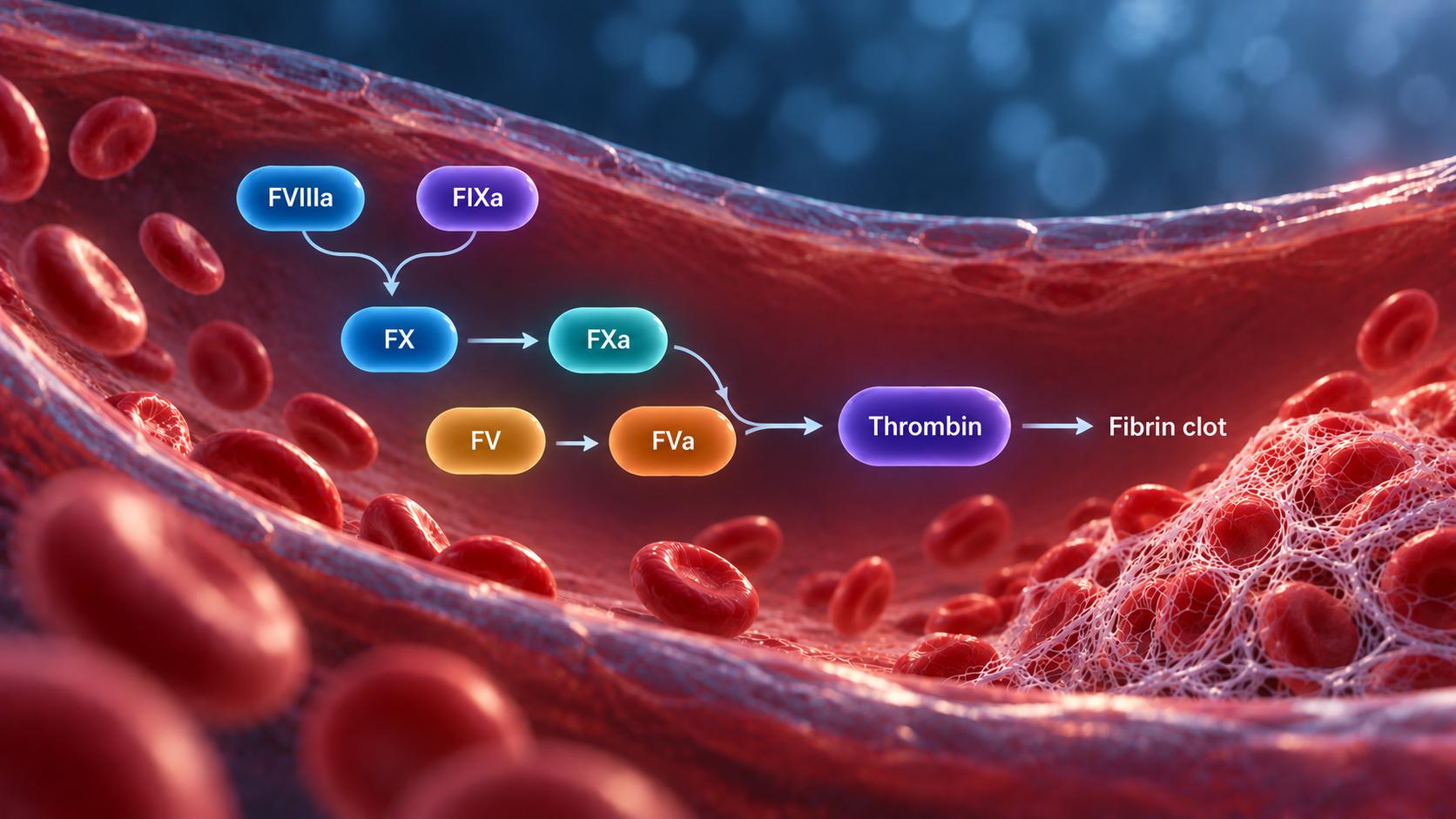 Simplified coagulation diagram: FVIIIa and FIXa support FX activation, leading to thrombin generation and fibrin clot formation