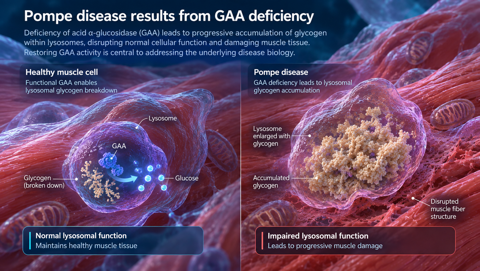 Pompe disease biology comparing normal lysosomal glycogen breakdown with GAA deficiency and lysosomal glycogen accumulation